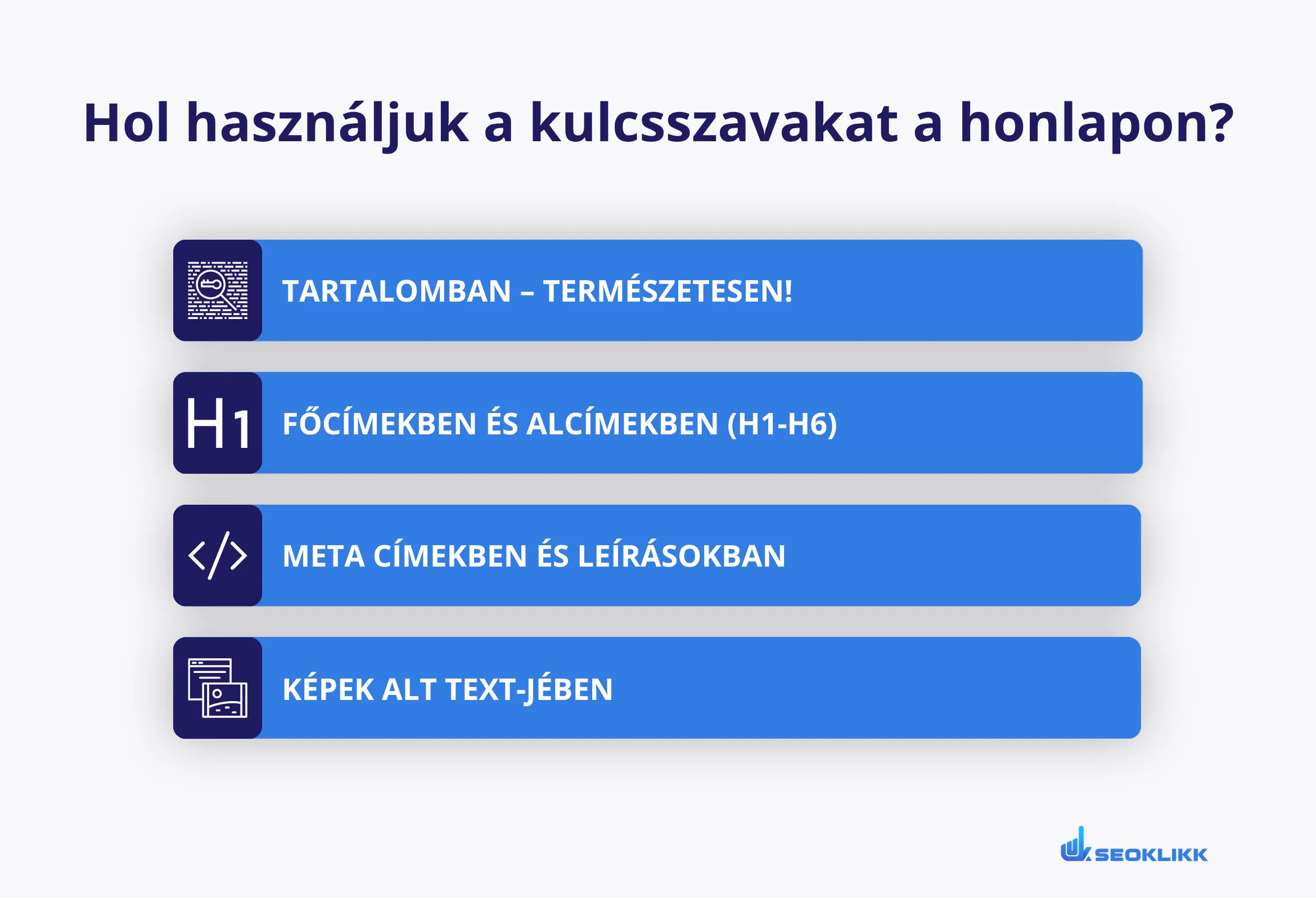 Hol használjuk a kulcsszavakat a honlapon: tartalomban, címsorokban (H1–H6), meta címben és leírásban, valamint a képek alt textjében
