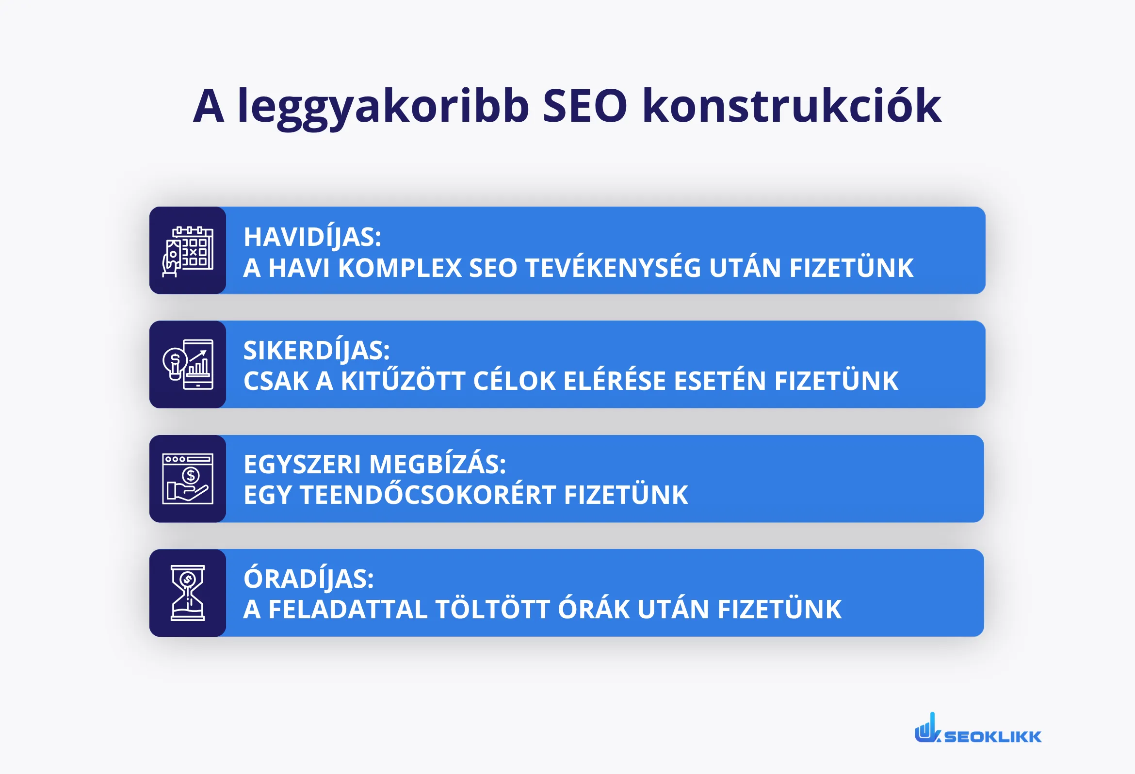 A leggyakoribb SEO konstrukciók: havidíjas SEO szolgáltatás, sikerdíjas SEO, egyszeri SEO megbízás és óradíjas SEO együttműködés