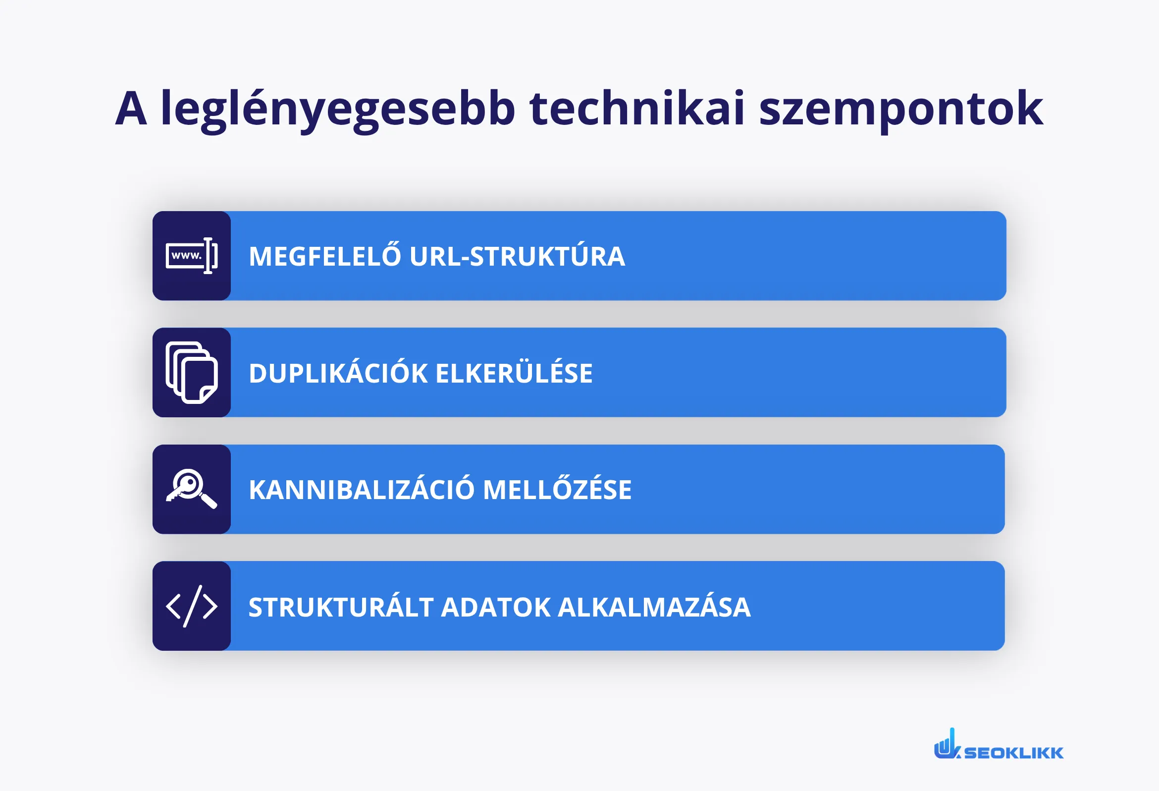 A leglényegesebb technikai szempontok: megfelelő URL-struktúra, duplikációk elkerülése, kulcsszó-kannibalizáció megelőzése és strukturált adatok alkalmazása